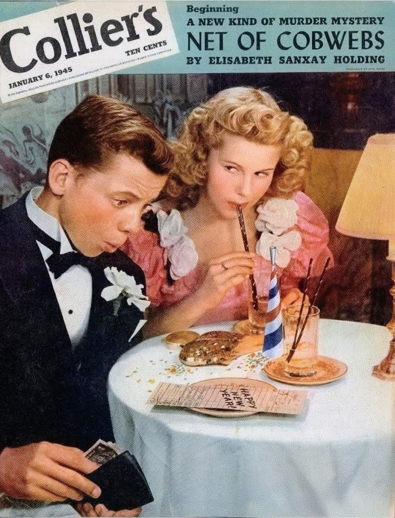 1945 Collier's magazine cover showing couple in evening wear at table with dessert