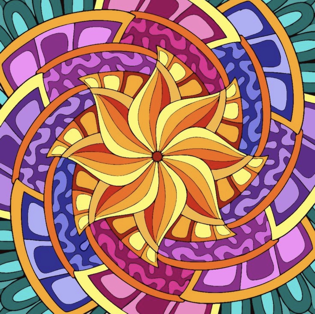 Colorful stained-glass style mandala with an orange flower-like center and purple spiral patterns