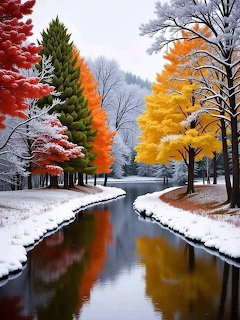 Colorful autumn trees along a snowy riverbank with reflections in calm water