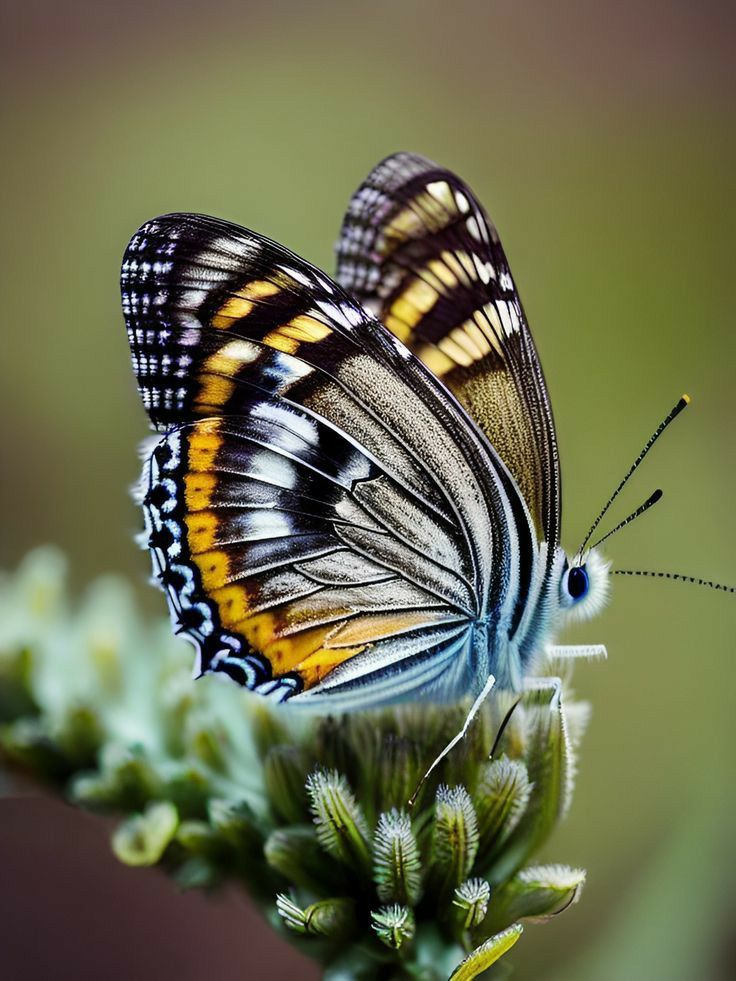Butterfly with black, white and yellow striped wings resting on a green flower bud