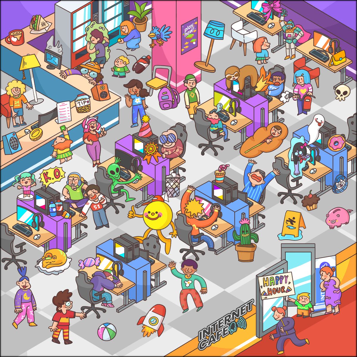 Isometric cartoon illustration of busy office with many colorful characters at desks and computers