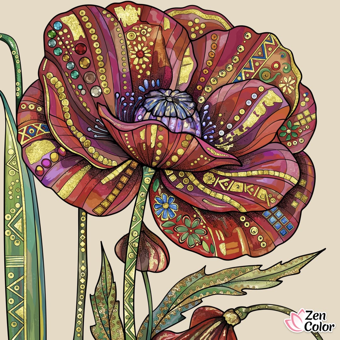 Stylized illustrated red poppy flower with patterned petals and green leaves