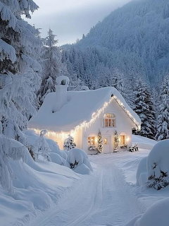 Illuminated white house surrounded by snow-covered trees in winter twilight