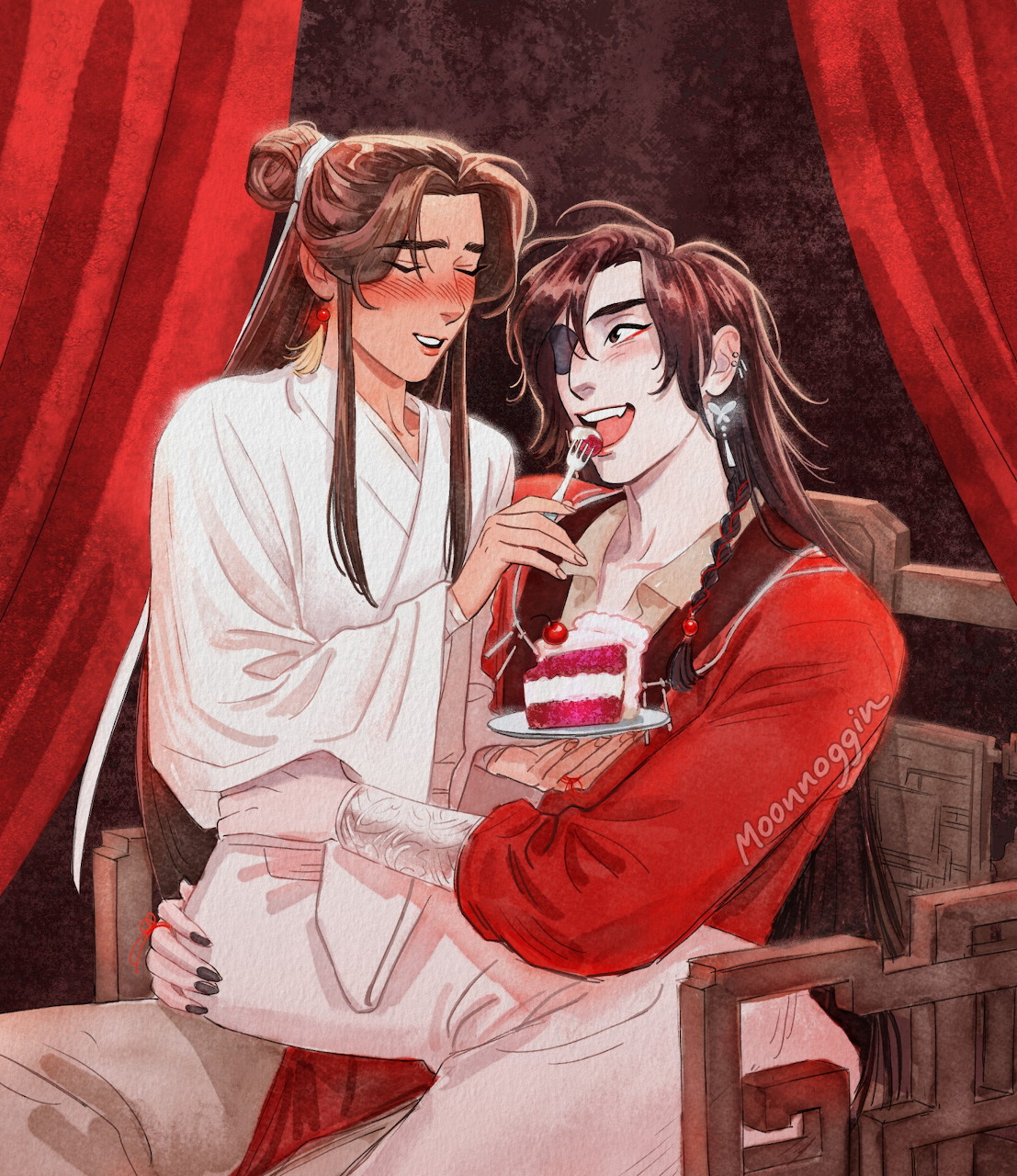Two anime-style characters in white and red robes sharing a piece of red cake against red curtains