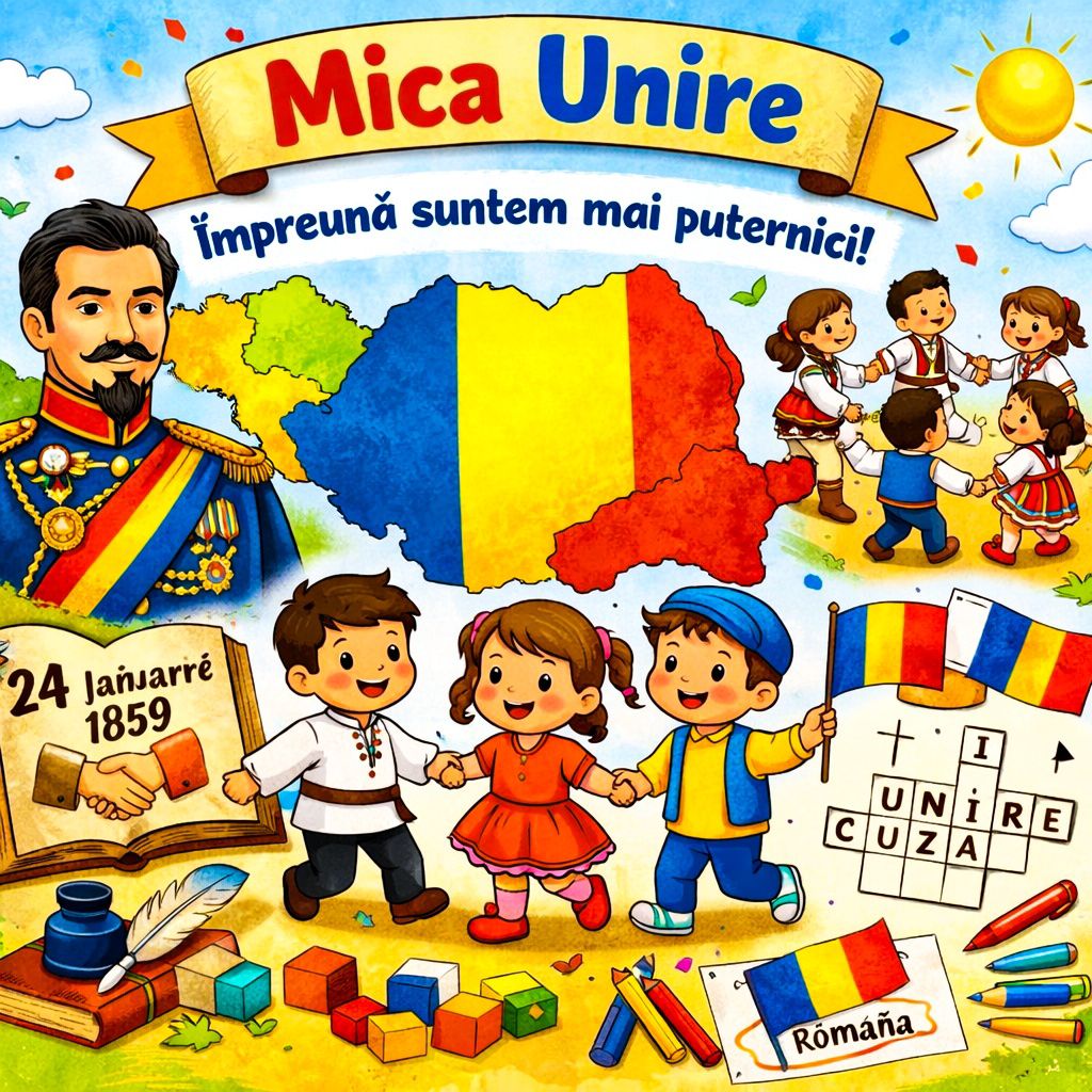 Cartoon children celebrating Romanian unity with flag, map, historical date January 24 1859, and educational elements