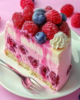 Slice of raspberry cream cake with raspberries, blueberries, and whipped cream on a plate