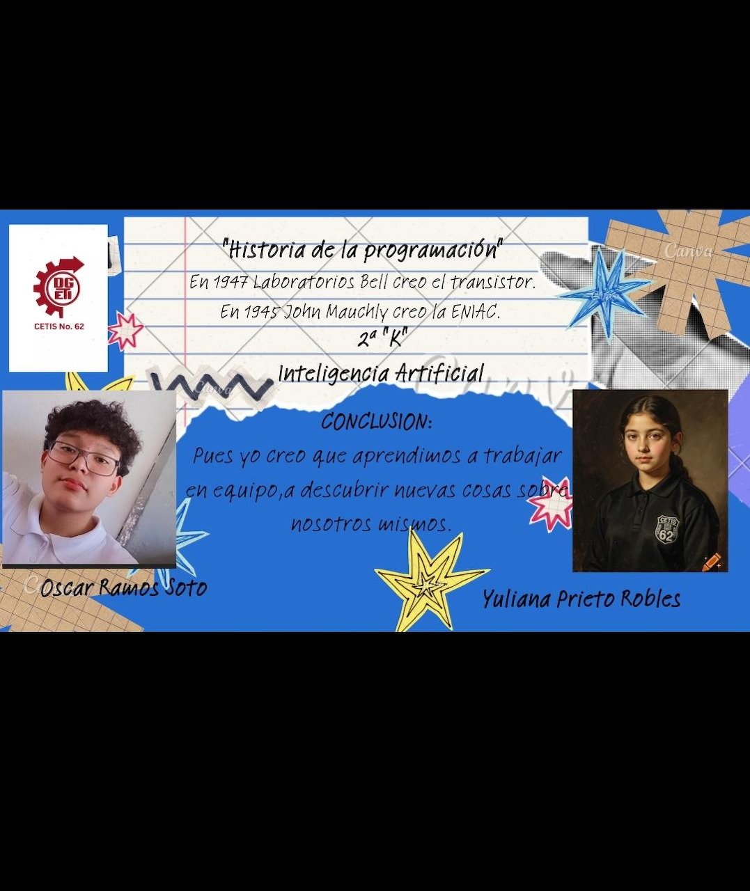 School presentation about programming history with two student photos and Spanish text on a dark background