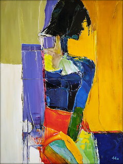 Abstract expressionist painting of a figure in vibrant blue, yellow, red and green blocks of color