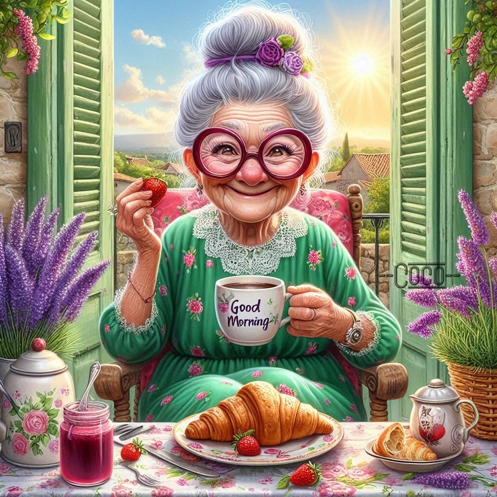 Smiling elderly woman in green dress having breakfast with coffee mug by window overlooking colorful garden