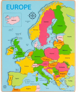 Colorful labeled political map of Europe showing countries and surrounding seas