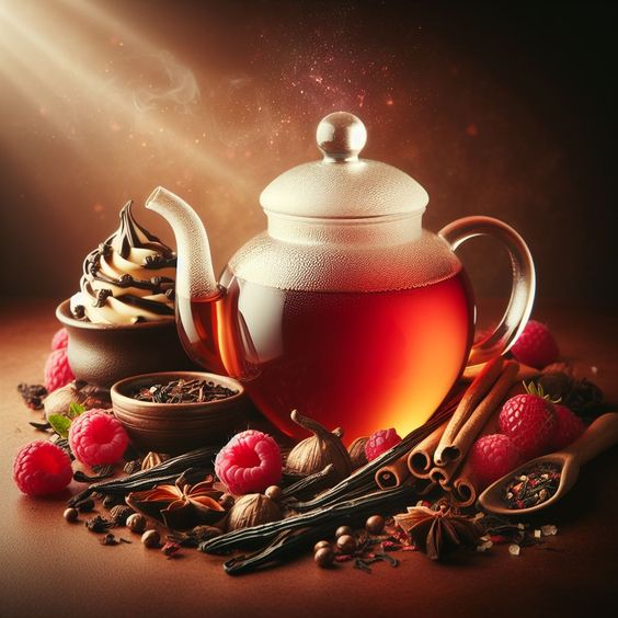 Glass teapot filled with red tea, strawberries, spices, cupcake and desserts arranged on dark surface with warm light