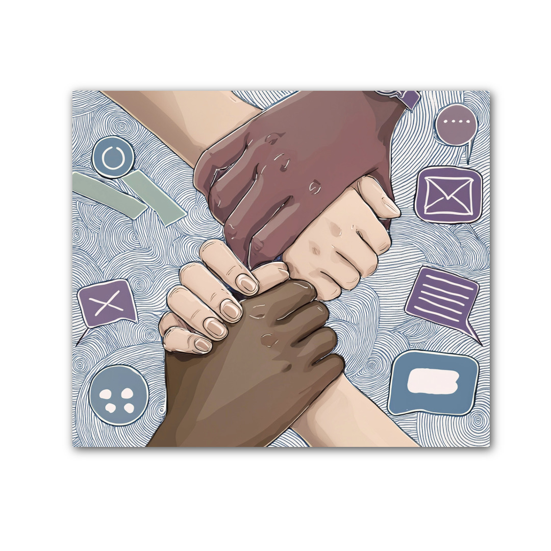 Illustration of four diverse hands stacked together with speech and message icons around them