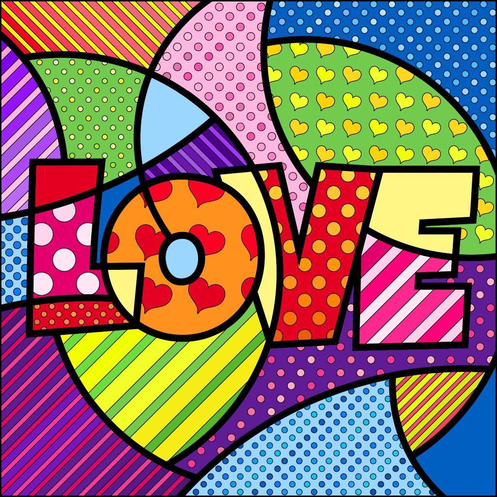 Colorful pop art word LOVE with geometric patterns, dots, stripes and hearts in bright rainbow colors