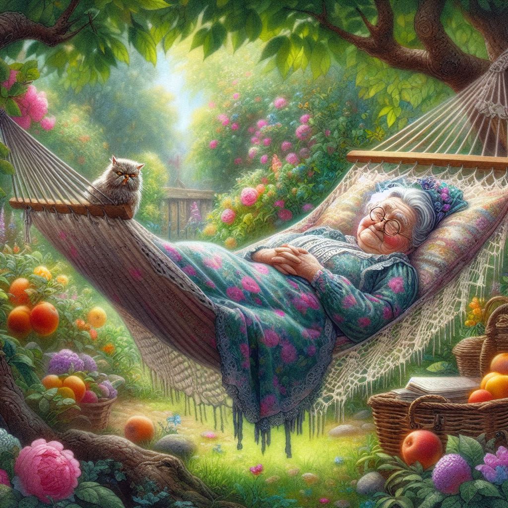 Elderly Woman Resting in Garden Hammock