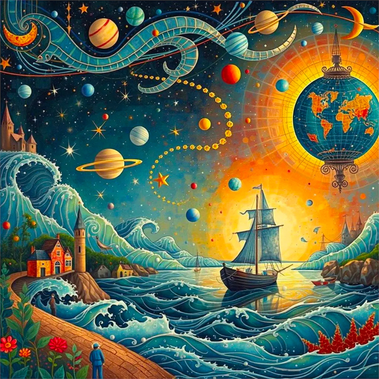 Sailing ship on stylized waves under cosmic sky with planets and swirling celestial orbits in fantasy art style