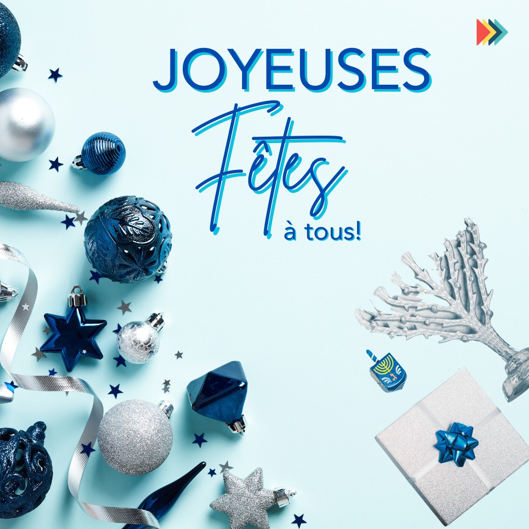 Blue and silver Christmas ornaments with stars, gift box and Joyeuses Fêtes text on white background