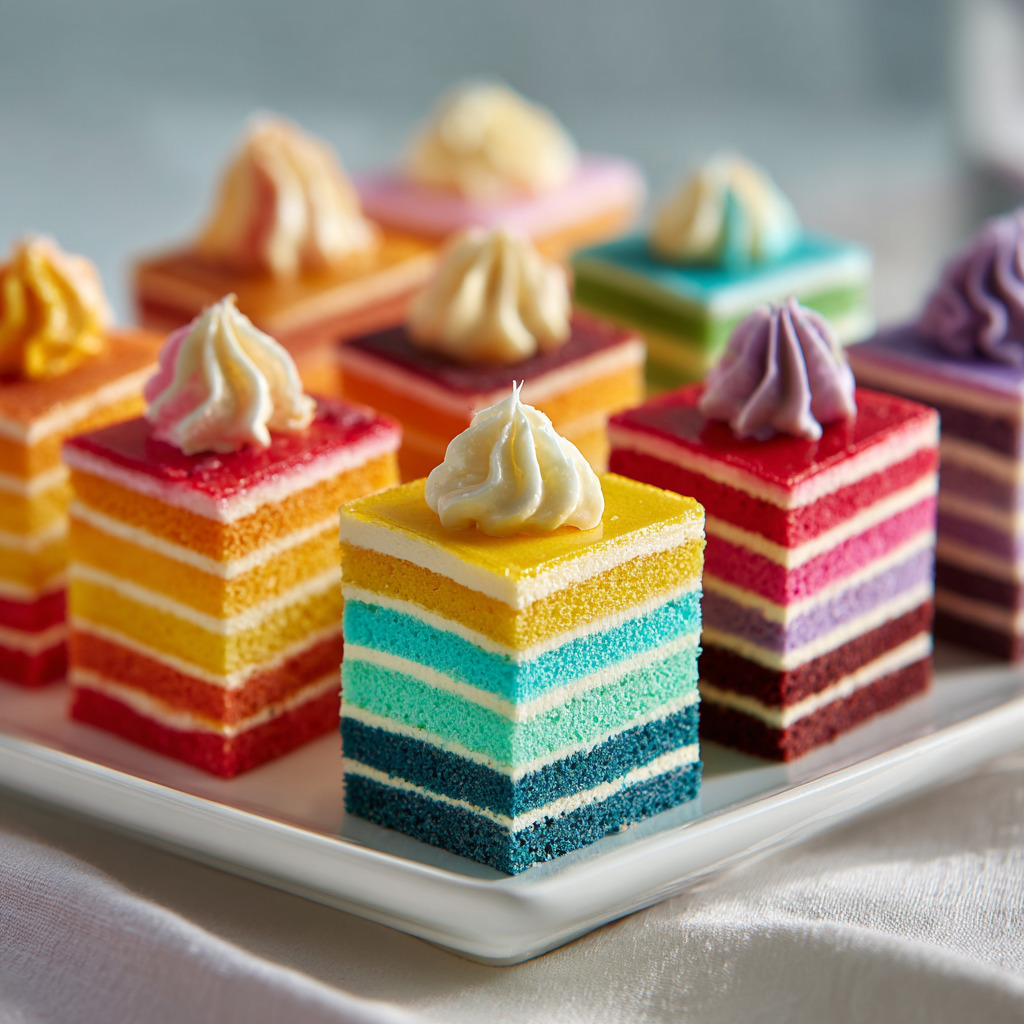 Miniature rainbow layer cakes with colorful striped sponge and swirled frosting on white plate