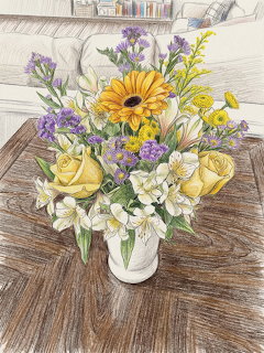 Colored pencil drawing of a mixed flower bouquet in a white vase on a wooden table with couch in the background