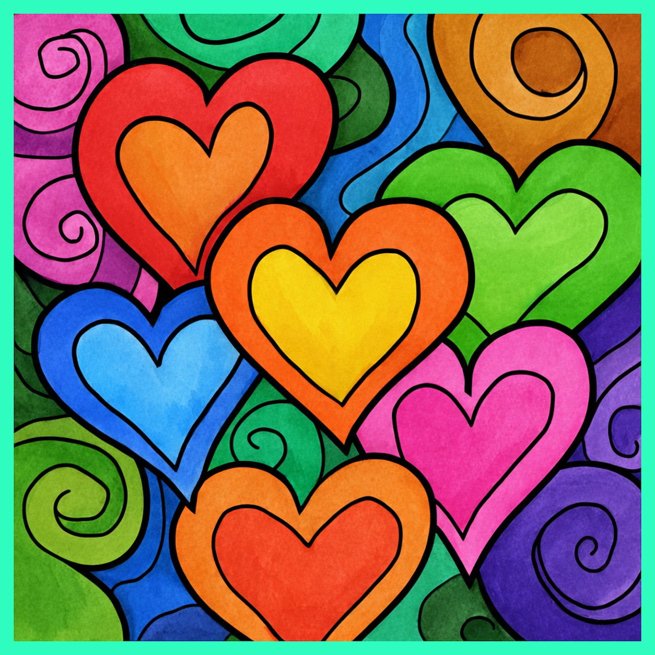 Colorful hearts with swirls in rainbow hues