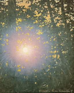 Painting of a bright sun shining through dark tree trunks with golden yellow leaves overhead