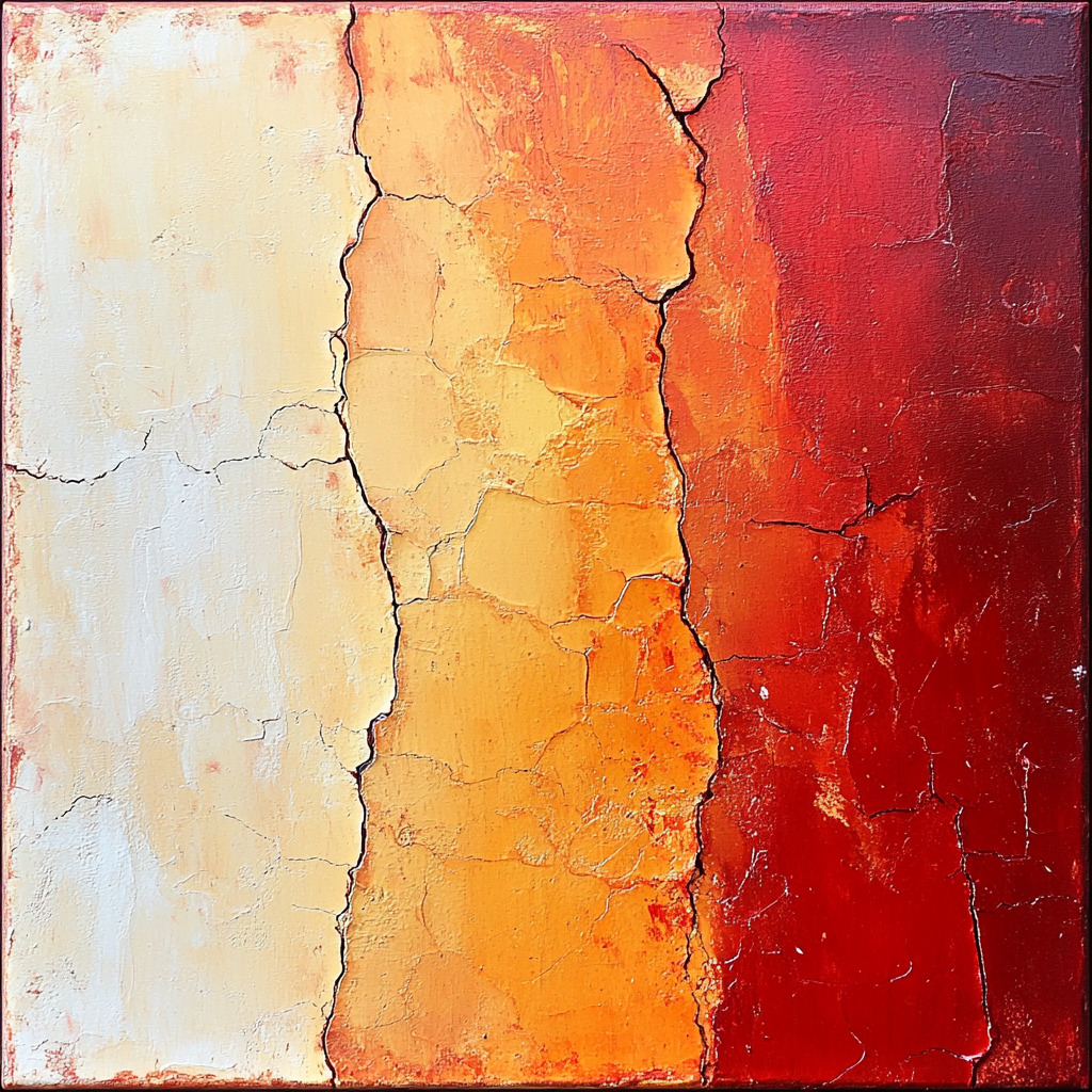 Abstract cracked painting with vertical white, orange, and red textured bands