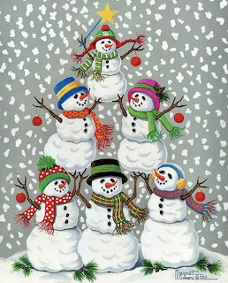 Six snowmen arranged as Christmas tree with star, scarves, hats, and cardinals on snowy background