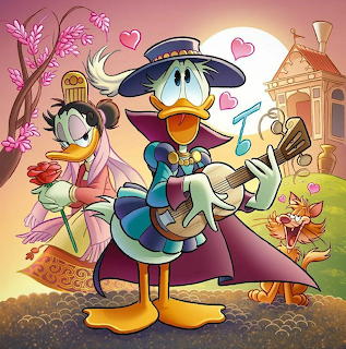 Cartoon duck character in Renaissance noble costume with cape, hat, and decorative staff in outdoor village setting