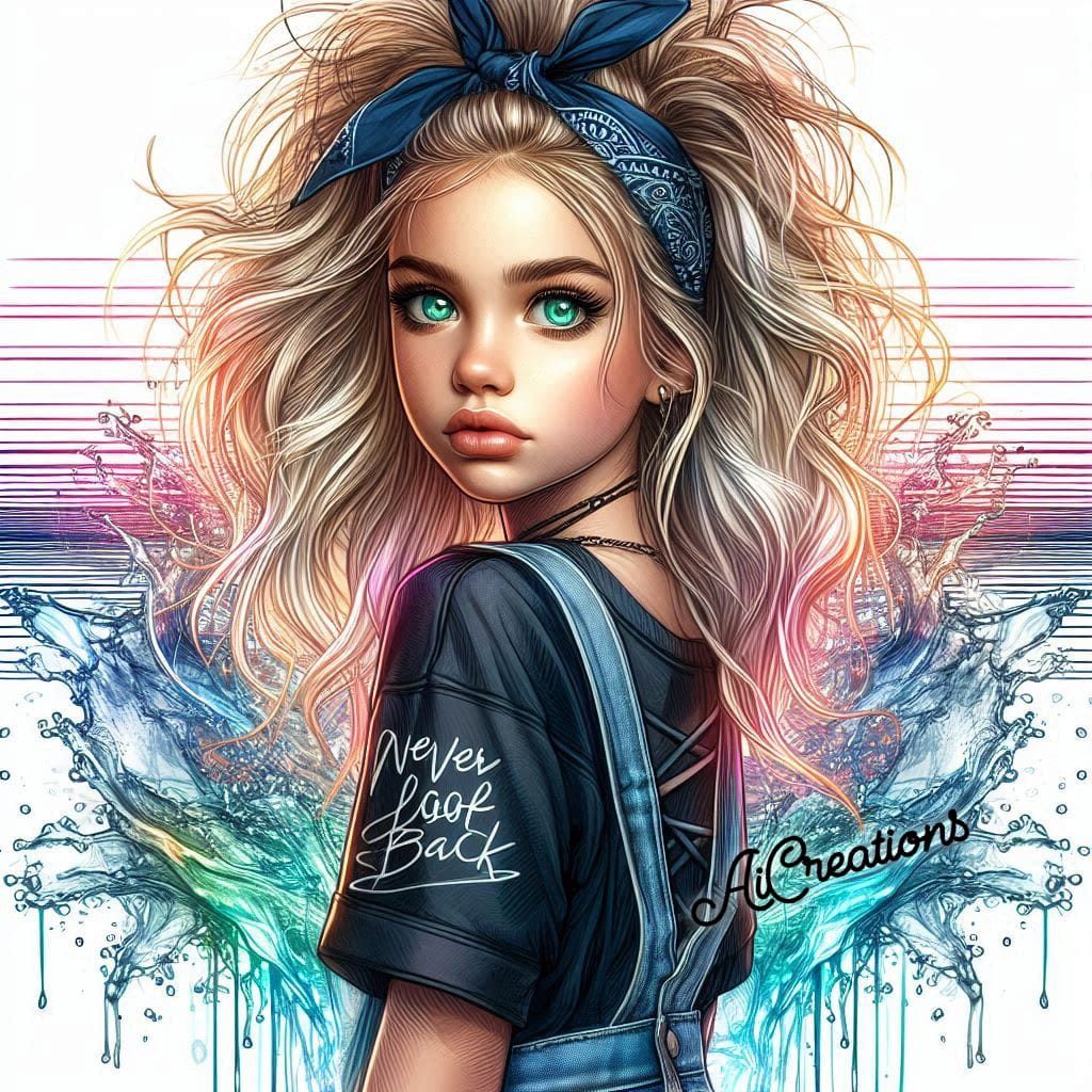 Illustrated young woman with teal eyes, blonde hair, and colorful paint splash background