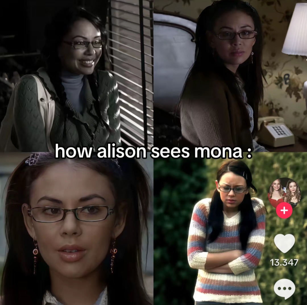 Four-panel collage showing a woman with glasses in different outfits, with meme text and social media icons