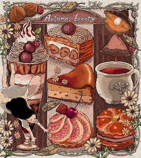 Whimsical autumn-themed illustration of cakes, pastries, tea and fruit with a small figure