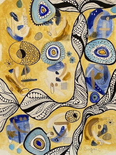 Abstract art with blue and yellow geometric patterns, circles, and organic shapes with intricate black line details