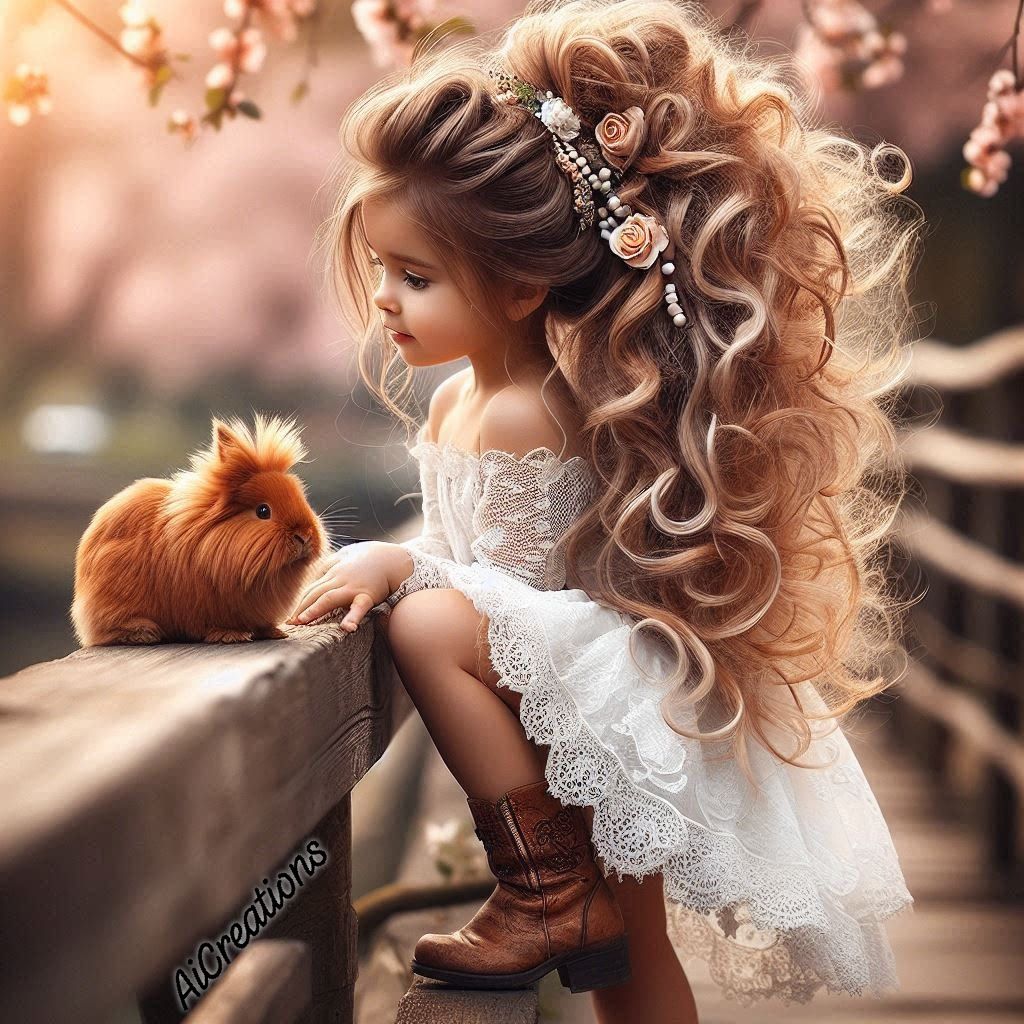 Young girl with curled hair and flowers standing next to an orange guinea pig on a wooden fence