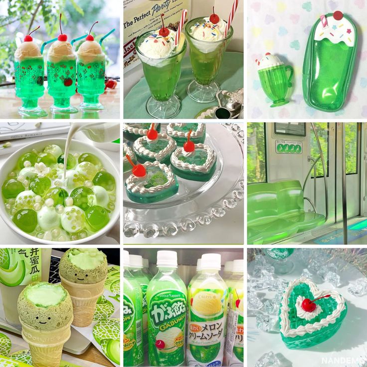 Collage of green melon soda drinks, floats, cakes, and desserts with whipped cream