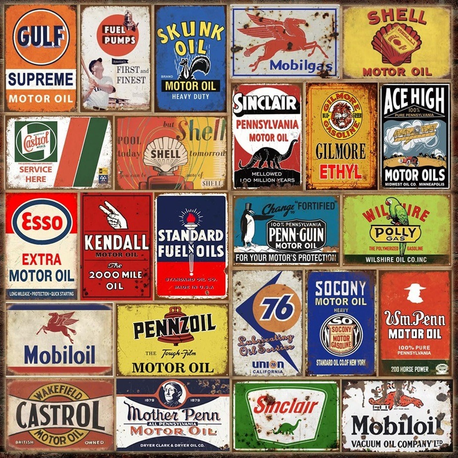 Grid collage of vintage motor oil and gasoline brand signs in various colors and retro typography