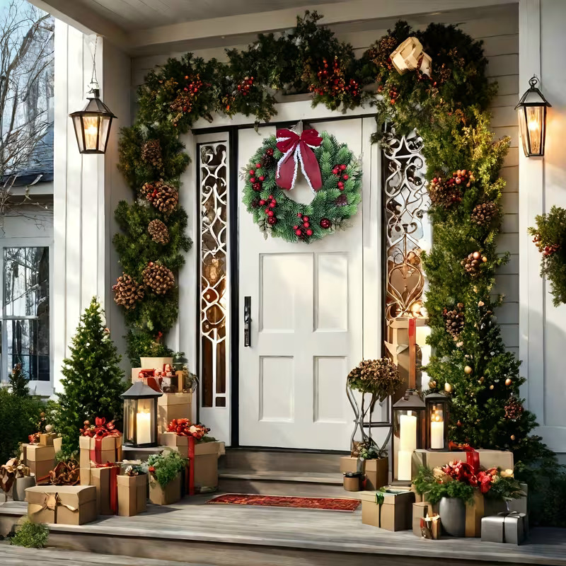 White front door with Christmas wreath, garlands, lanterns, and wrapped presents on a porch