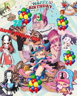 One Piece anime characters celebrating birthday with balloons and cake in pink themed collage