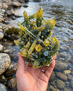 Hand holding a large green and yellow crystal mineral specimen beside a river with rocks