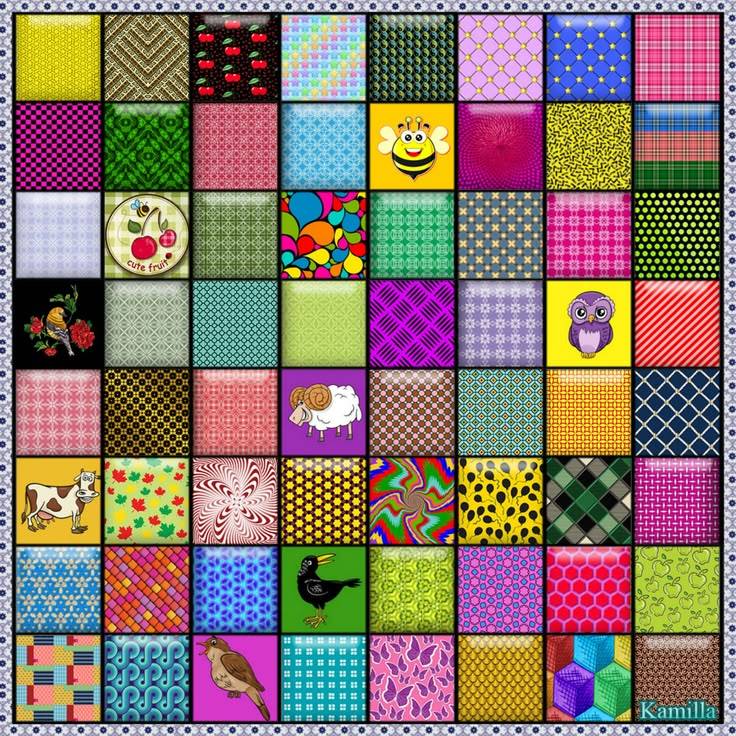 Colorful patchwork quilt with 64 different patterned squares including dots, checks, cartoons, and geometric designs