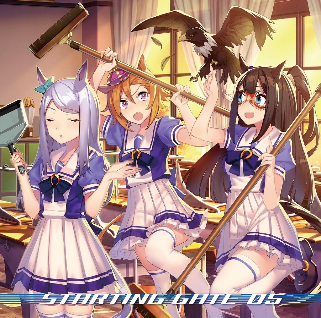 Three anime horse girls in school uniforms cleaning a classroom with mops and dusters