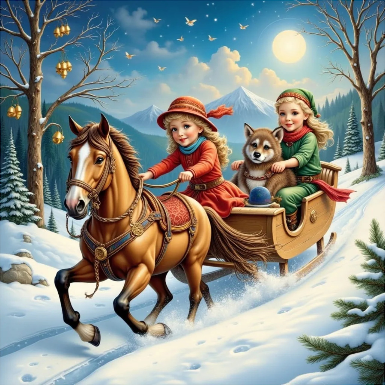 Two children ride a horse-drawn sleigh through a snowy forest at night in a winter illustration.
