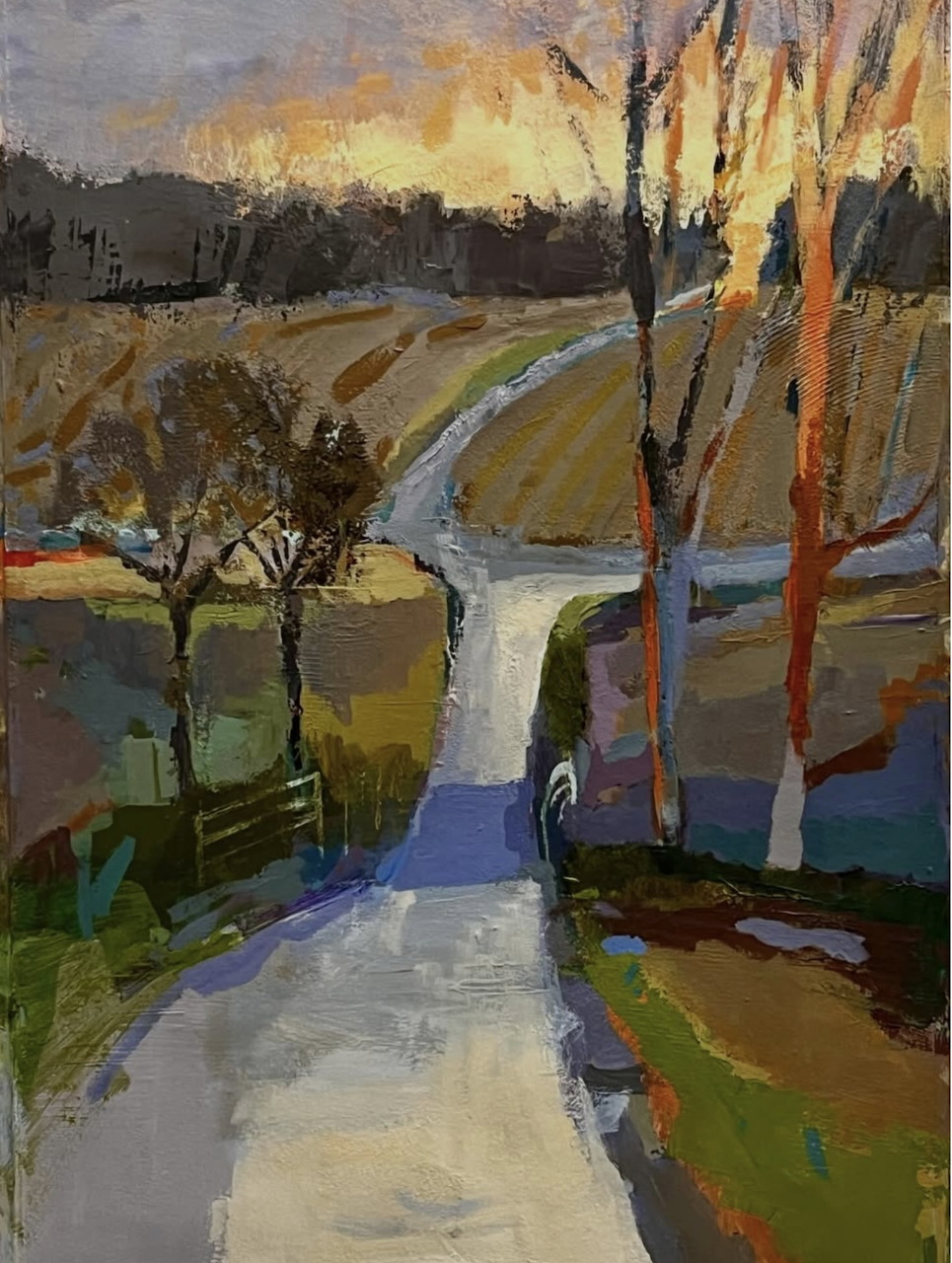 Painting of a winding rural road with bare trees and fields under a warm sunset sky