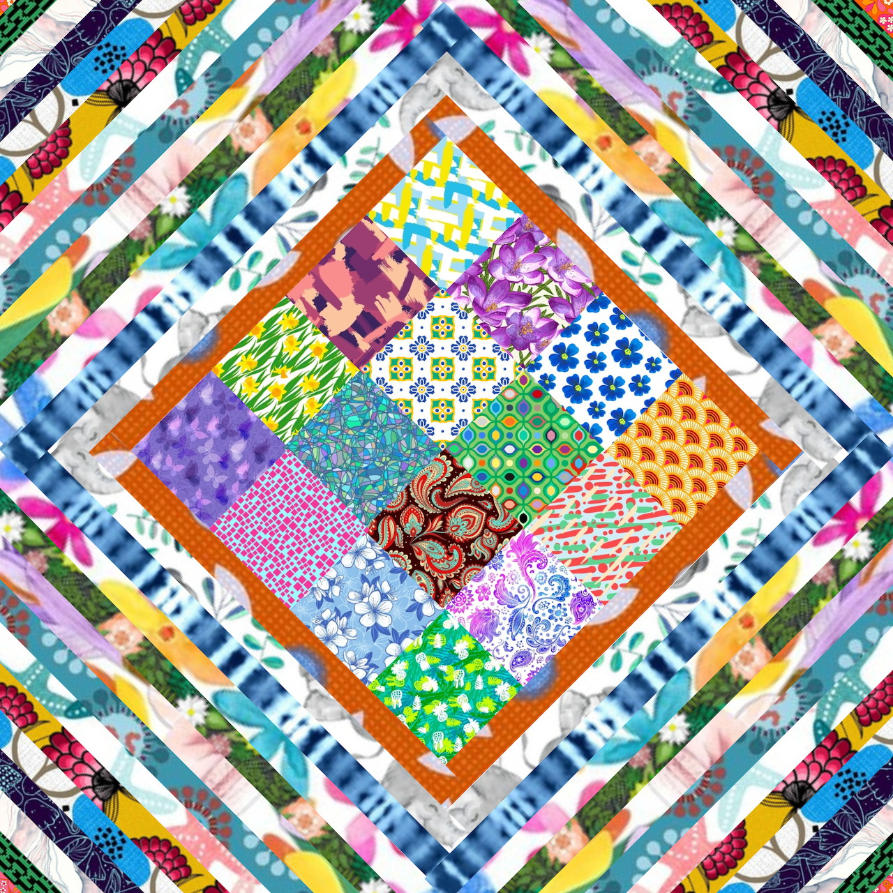 Colorful geometric patchwork quilt with diamond pattern and multiple decorative borders