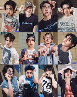 Grid collage of twelve young male K-pop artists posing in casual streetwear outfits