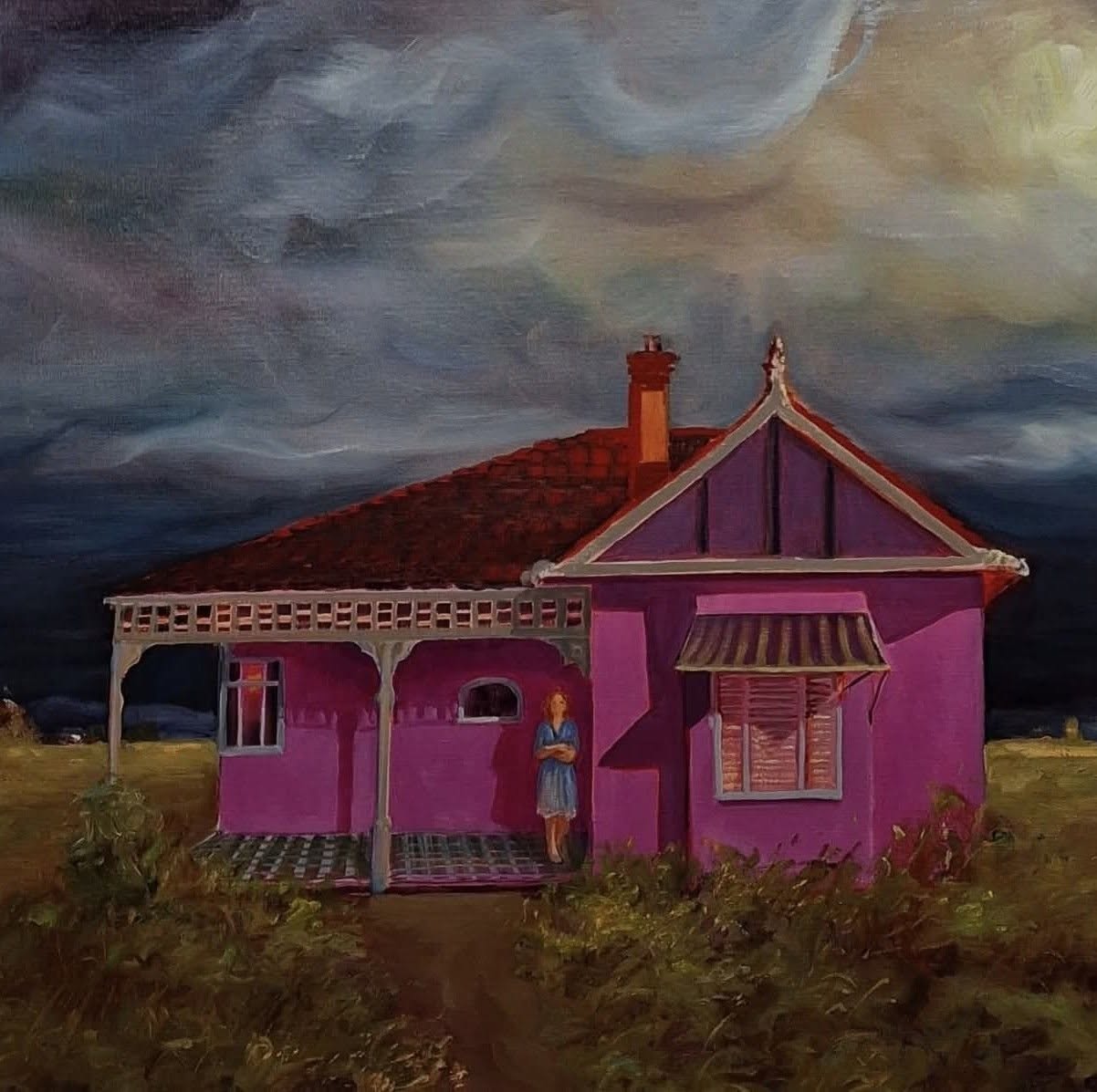 Painting of a purple cottage beneath a dark dramatic sky with a small figure near the porch
