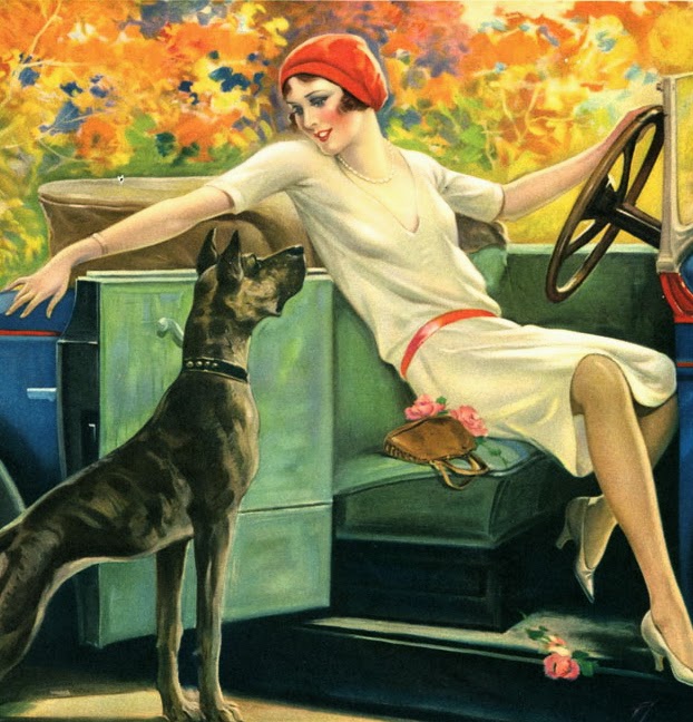 1920s woman in white dress and red hat with black dog in vintage green automobile