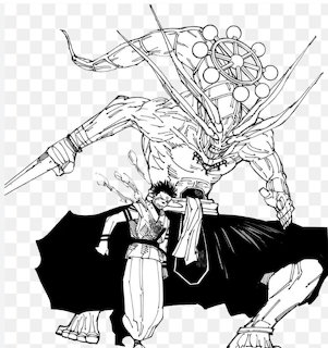 Black and white manga drawing of Sukuna and Mahoraga from Jujutsu Kaisen in fighting stance