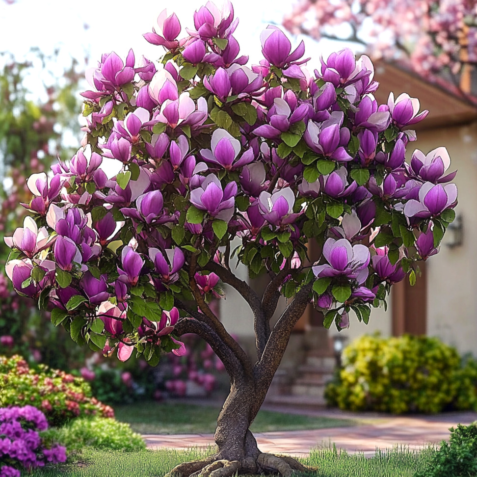 Blooming magnolia tree with pink and white flowers in a garden near a house