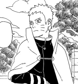 Black and white manga drawing of Naruto in Hokage cloak with hand on chin, looking thoughtful
