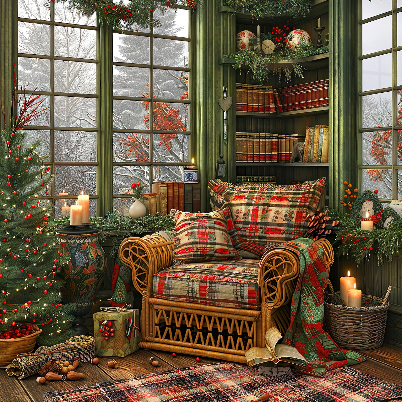 Cozy Christmas reading nook with plaid armchair, candles, books, snowy windows, and a decorated tree