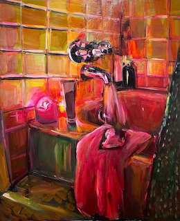 Colorful impressionist oil painting of a bathroom sink with orange and pink tiled wall and draped fabric